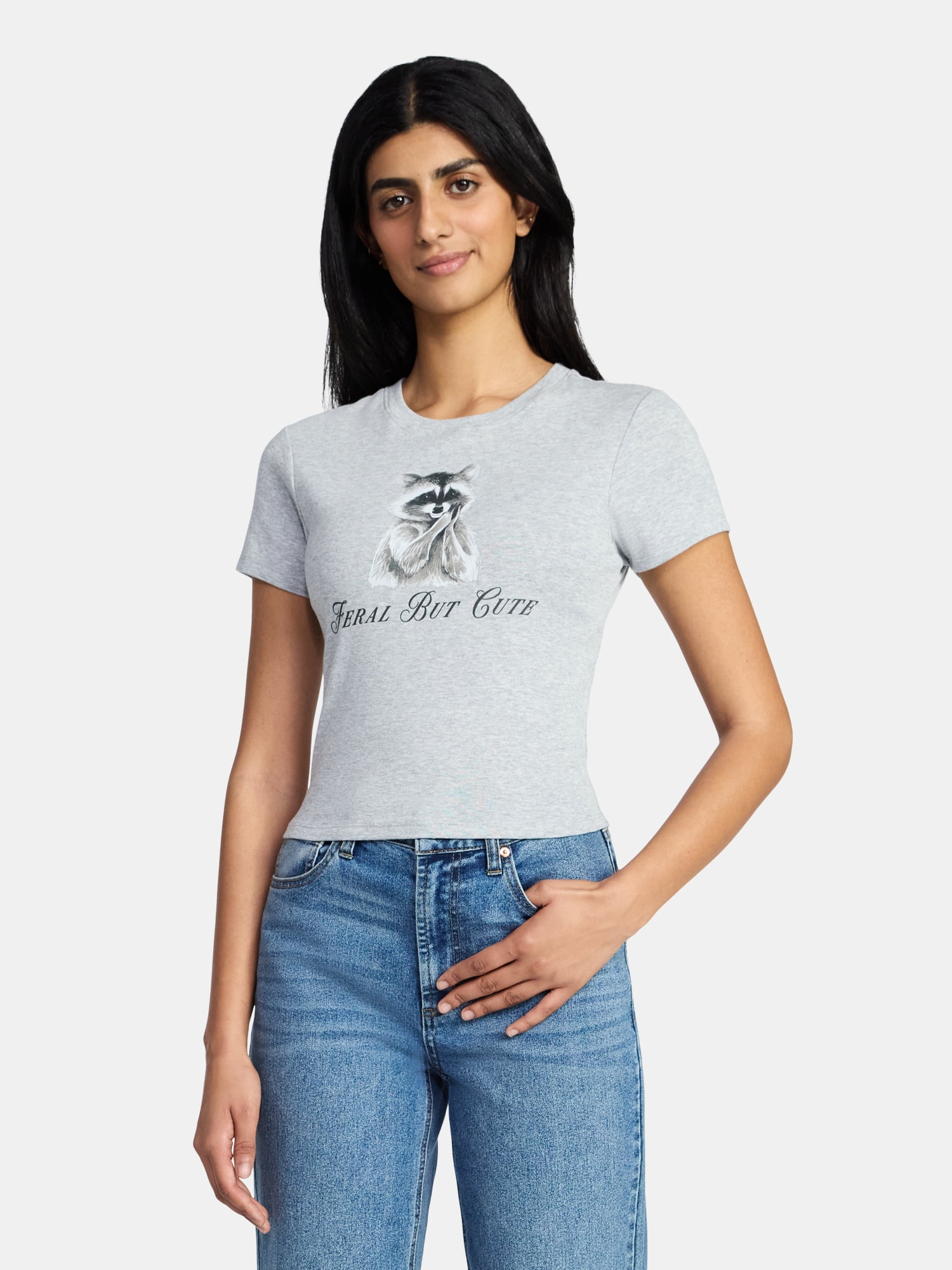 Feral But Cute Women's Graphic Baby Tee with Short Sleeves, Sizes