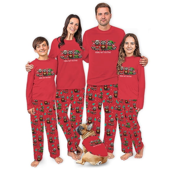Feral But Festive Raccoon Matching Family Christmas Pajamas, Plus Sizes, With Pockets
