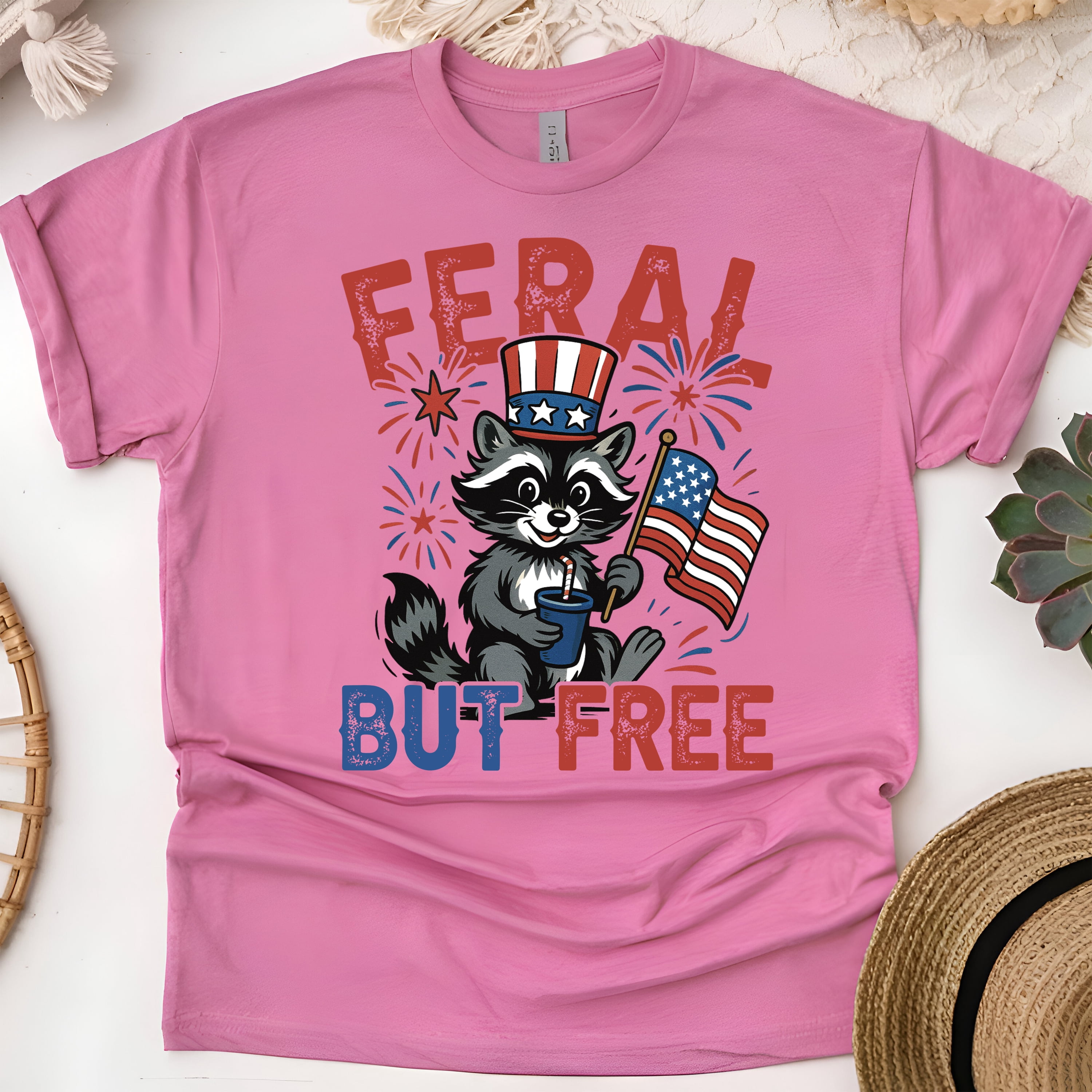 Feral But Free 4th of July Shirt, Men's Raccoon Drinking Soda and ...