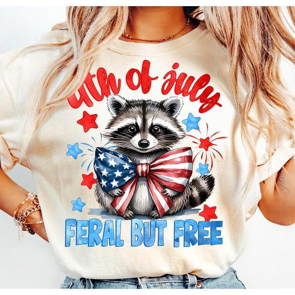 Feral But Free Raccoon T-Shirt– Funny Patriotic Tee with USA Flag Bow, 4th of July Freedom Animal Graphic for Independence Day