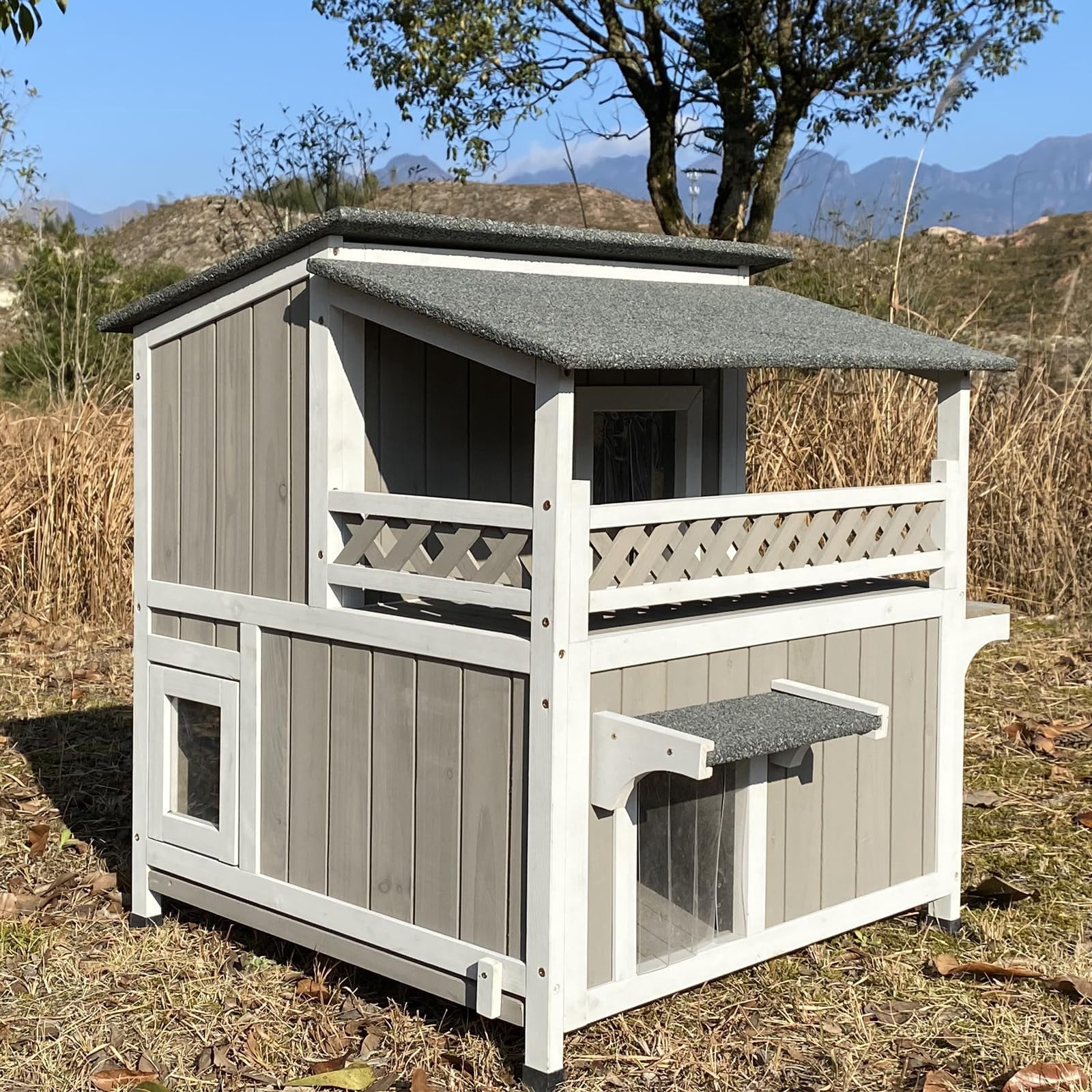 Wooden Cat Shelter Outdoor Weatherproof Two Story House for Stray Cats with Balcony Waterproof Escape Doors Grey