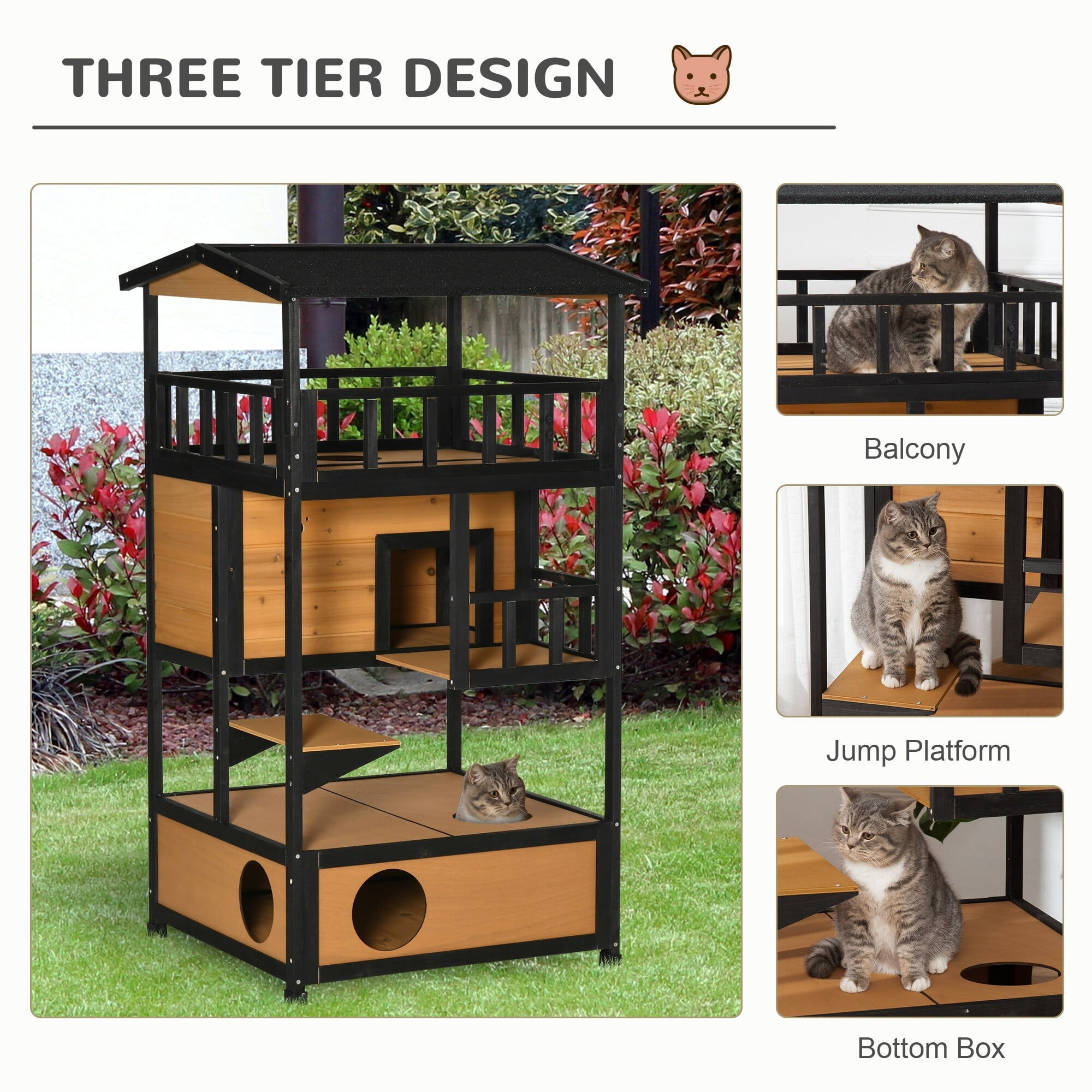 Three-Tier Outdoor Cat House with Balcony and Jump Platforms
