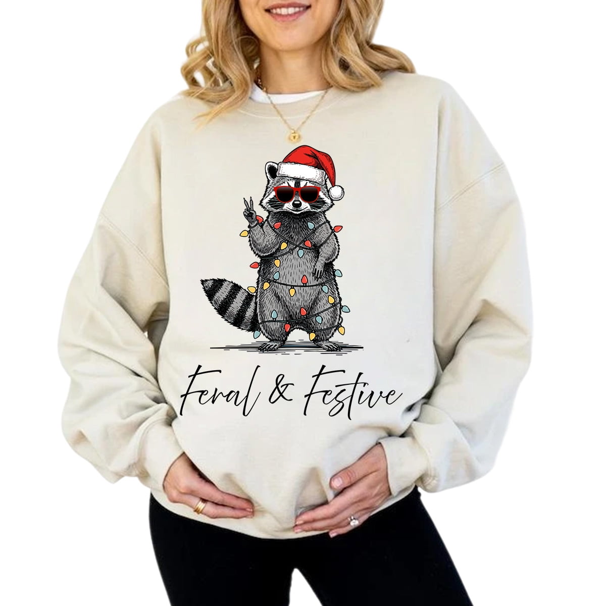Feral & Festive Raccoon Ugly Christmas Sweatshirt – Funny Unhinged ...