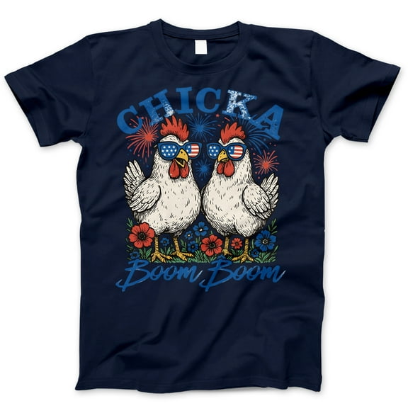 Chicka Boom Boom T-Shirt – Funny Patriotic Chicken Fireworks Tee – 4th of July USA Sunglasses Graphic Shirt for Women, Farm Moms, Country Life & Summer BBQs