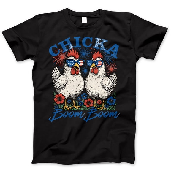 Chicka Boom Boom T-Shirt – Funny Patriotic Chicken Graphic Tee – 4th of July Farm Animal Shirt for Women, Girls, Country Life & Independence Day Celebrations