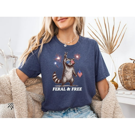 Feral & Free Raccoon T-Shirt,Funny 4th of July Shirt, American Feral Girl Summer Meme Shirt, Patriotic Independence Day Gift TH190556