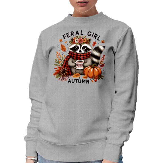 Feral Girl Autumn. Girly Fall Themed feat. a Cute Raccoon, Pumpkin & Leaves, Heather Grey Crewneck Sweatshirt, XL