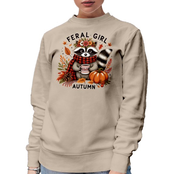 Feral Girl Autumn. Girly Fall Themed feat. a Cute Raccoon, Pumpkin & Leaves, Sand Crewneck Sweatshirt, Large