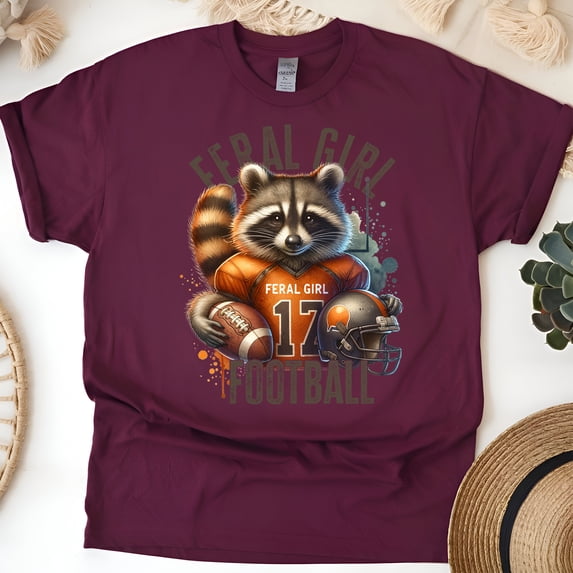 Feral Girl Football Shirt | Raccoon Sports Fan Tee | Cute Animal Game Day T-Shirt, Maroon, Size 2XL