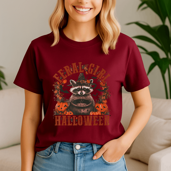 Feral Girl Funny Raccoon,Halloween Shirt, Spooky Season Tee, Happy Halloween , Ghost Pumpkin Tshirt, Funny Holiday Gift