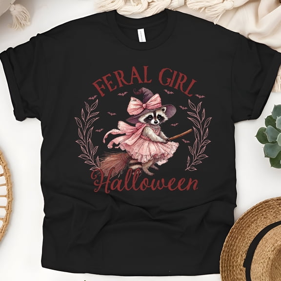 Feral Girl Halloween Graphic Tee | Cute Raccoon Witch Shirt for Women, Black, Size S