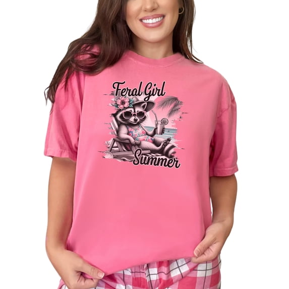 Feral Girl Summer T-Shirt, Cute Raccoon with Sunglasses Graphic Tee, Funny Summer T-Shirt for Beach Lovers, Vacation Vibes Shirt, Crunchberry Comfort Colors T-Shirt, 3XL