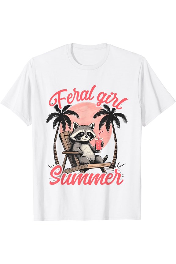 Feral Girl Summer Vacation Beach Raccoon Meme Trash Panda T-Shirt, Unisex T-Shirt