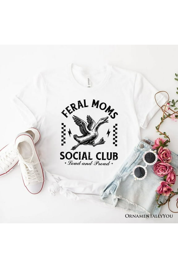 Feral Moms Social Club Goose T-Shirt, Funny White and Natural Tee for Loud and Proud Moms