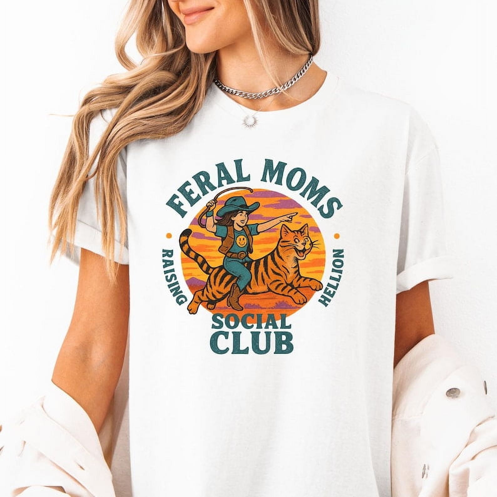Feral Moms Social Club Shirt Funny Cowgirl Riding Cat T-Shirt Vintage ...