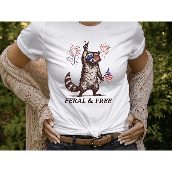 Feral and Free Raccoon Shirt Funny 4th of July Tshirt American Meme Summer Tee