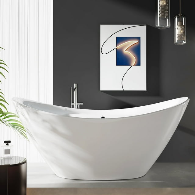 FerdY Boracay 67" Acrylic Freestanding Soaking Bathtub with Chrome Pop-up Drain,  White, F02503