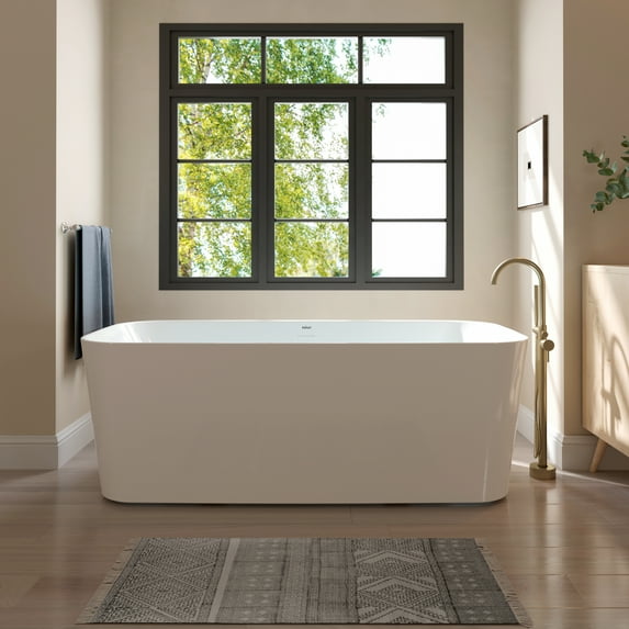 FerdY Maui 67" Acrylic Freestanding Soaking Bathtub with Brushed Nickel Drain, White, F02563BN