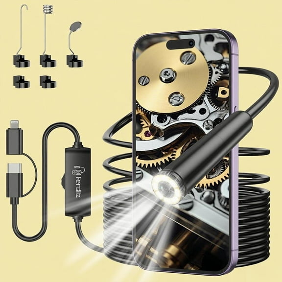 Ferdiiz Endoscope Camera with Light,1920P HD Borescope with 8 Adjustable LED Lights, Borescope with 16.4ft Semi-Rigid Snake Camera with Light,7.9mm IP67 Waterproof Inspection Endoscope