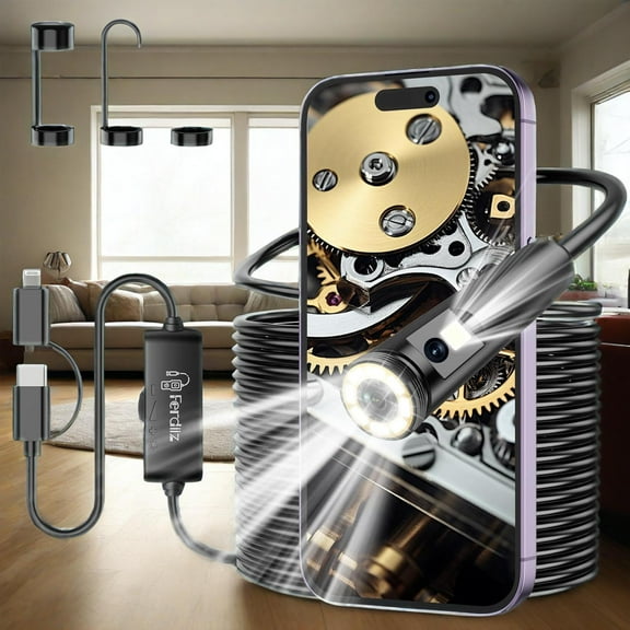 Ferdiiz Endoscope Camera with Light, 1920P HD Borescope with 8 Adjustable LED Lights, Borescope with 32.8ft Semi-Rigid Snake Camera with Light, 7.9mm IP67 Waterproof Endoscope for iOS and Android