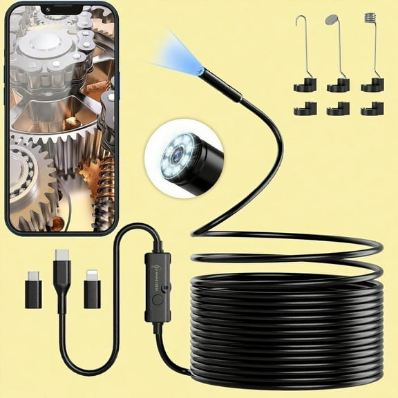Ferdiiz Endoscope Camera with Light, 1920P HD Borescope Camera with 8 Adjustable LED Lights, 16.4ft Semi-Rigid Snake Camera with Light, IP67 Waterproof 7.9mm Inspection Camera for iOS and Android