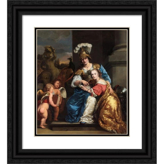 Ferdinand Bol 15x17 Black Ornate Wood Framed Double Matted Museum Art Print Titled - Margarita Trip as Minerva, Instructing Her Sister Anna Maria Trip (1663)