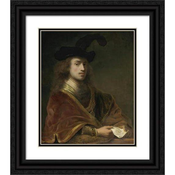 Ferdinand Bol 20x24 Black Ornate Framed Double Matted Museum Art Print Titled: Self-Portrait, Behind a Parapet (1648)
