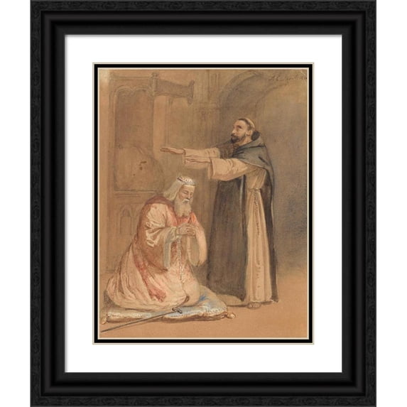 Ferdinand Ernst Lintz 15x18 Black Ornate Wood Framed Double Matted Museum Art Print Titled - The Blessing of a King by a Monk (1860)