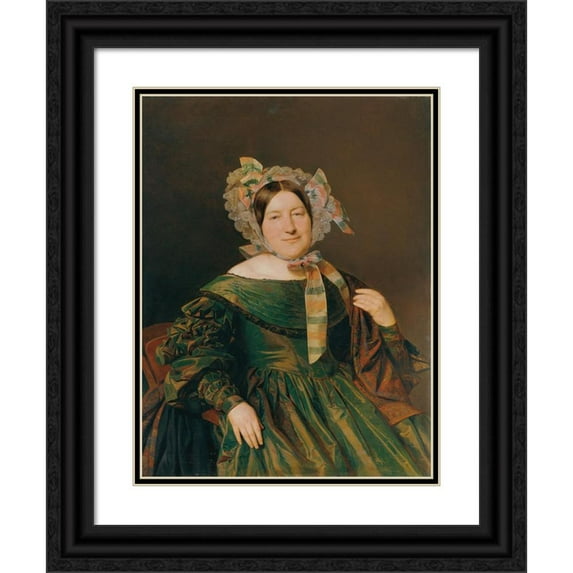 Ferdinand Georg Waldmüller 12x14 Black Ornate Wood Framed Double Matted Museum Art Print Titled: Woman in Green, Salmon Red Alternating Dress (1837)