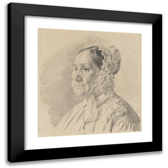 Ferdinand Georg Waldmüller 15x16 Black Modern Framed Museum Art Print Titled - Portrait of a Woman in a Lace Bonnet, in Three-Quarter Profile to the Left (Mid-19th Century)