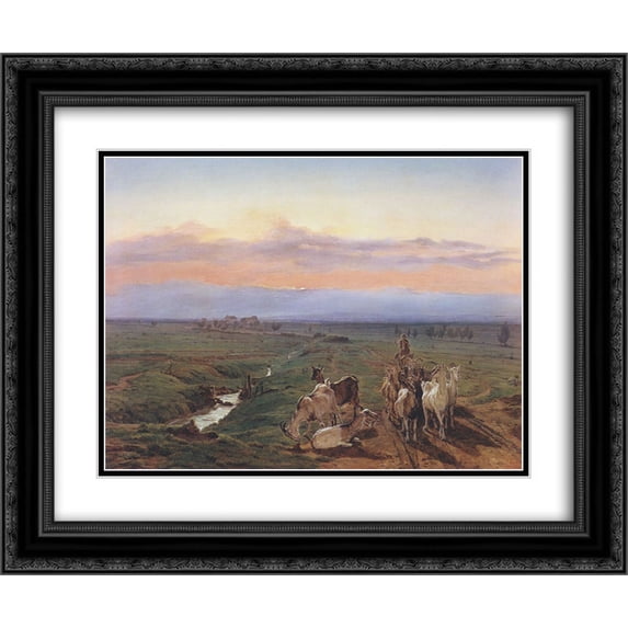 Ferdinand Georg Waldmuller 2x Matted 24x20 Black Ornate Framed Art Print 'Evening landscape with herd of goats '