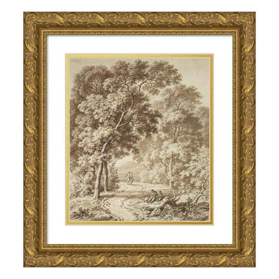 Ferdinand Kobell 12x14 Gold Ornate Wood Frame and Double Matted Museum Art Print Titled - A Path Bordered by Trees with Two Beggars and a Couple Strolling (Late 18th Century)