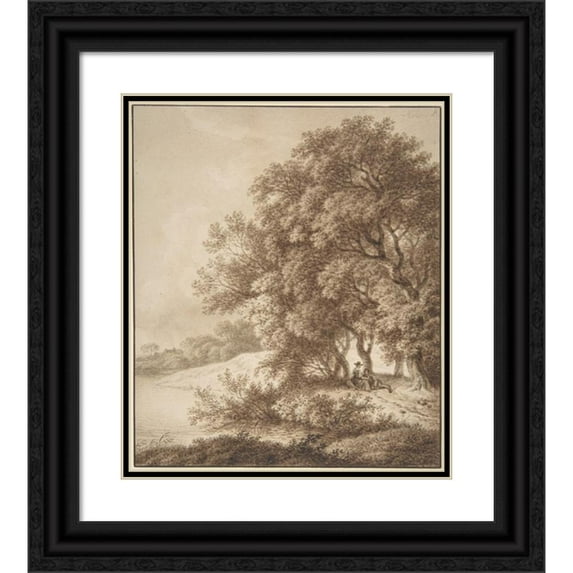 Ferdinand Kobell 15x17 Black Ornate Wood Framed Double Matted Museum Art Print Titled - Landscape with Lovers (1740-99)