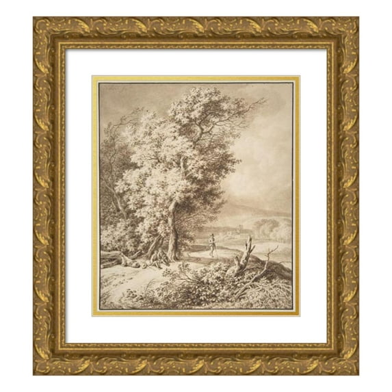 Ferdinand Kobell 15x17 Gold Ornate Wood Frame and Double Matted Museum Art Print Titled - Landscape with Wayfarers (1740-99)