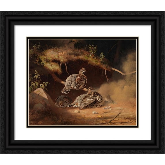 Ferdinand von Wright 18x15 Black Ornate Wood Framed Double Matted Museum Art Print Titled - Hazel Grouse Wallowing in Sand (1877)