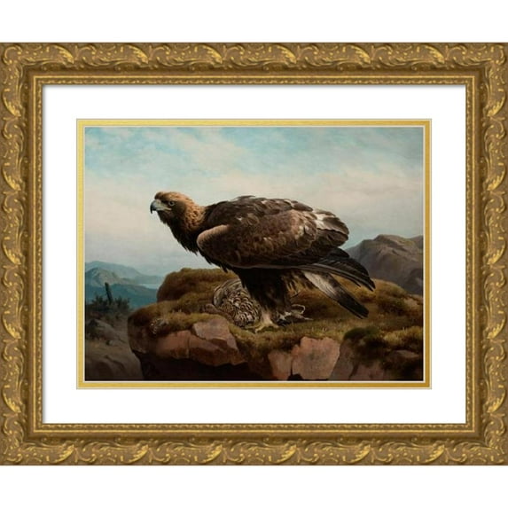 Ferdinand von Wright 24x19 Gold Ornate Framed and Double Matted Museum Art Print Titled - Golden Eagle at a Cliff's Edge (1880)