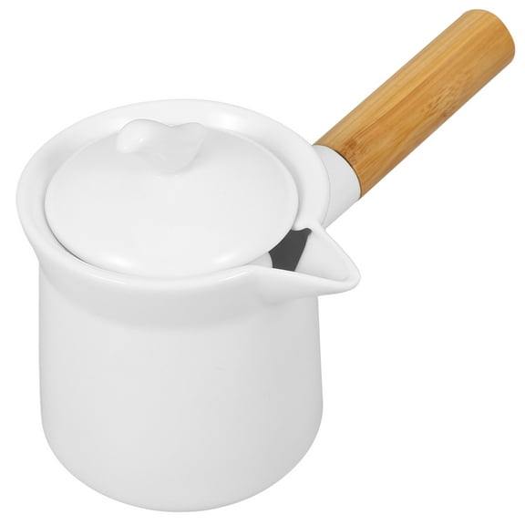 KALLORY Milk Boiling Pot with Wood Handle White 1Pack 7.3x5.1x3.3in