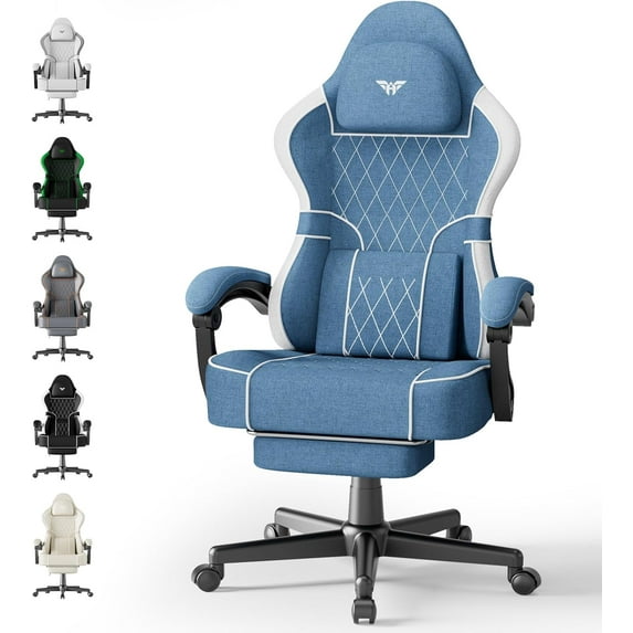 Ferghana Gaming Chair, Breathable Fabric Computer Chair with Footrest and Linkage Armrest, Ergonomic Office Game Chair with Massage Lumbar Support for Adult, Blue