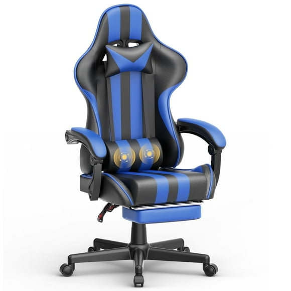 SOONTRANS Gaming Chair, Ergonomic, with Massage Lumbar Pillow, Footrest, Adjustable Arms, Blue