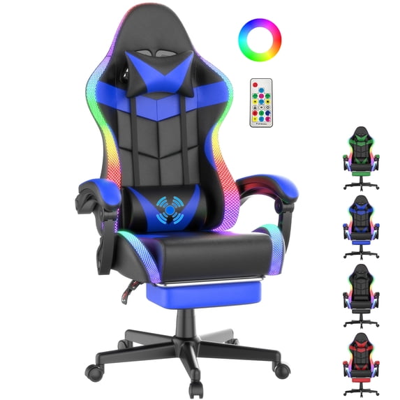 SOONTRANS Gaming Chair with LED Lights, RGB Gamer Chair with Footrest and Massage, Ergonomic High Back Game Chair for Adults, Reclining Headrest Video Computer Chair, Blue