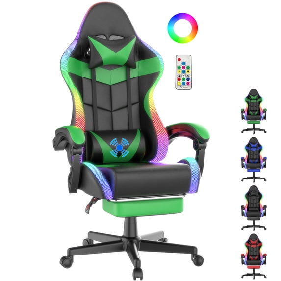 SOONTRANS Gaming Chair with LED Lights, RGB Gamer Chair with Footrest and Massage, Ergonomic High Back Game Chair for Adults, Reclining Headrest Video Computer Chair, Green