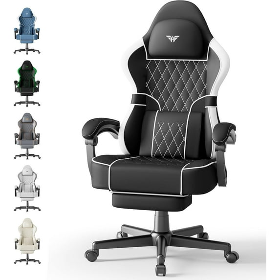 Ferghana Gaming Chair, Leather Comfortable Computer Chair with Footrest and Linkage Armrest, Ergonomic High Back Game Chair with Massage Lumbar Support for Adult, Black/White