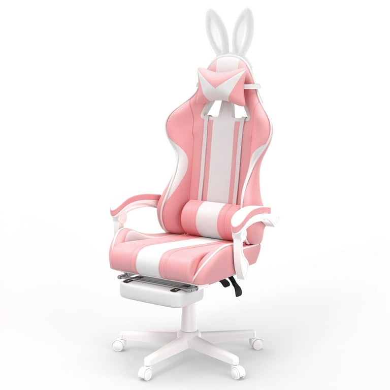 Soontrans Pink Gaming Chair with Footrest, Ergonomic Office Chair with  Lumbar Pillow & Adjustable Headrest Support, Gamers Game Chair, Pink and  White