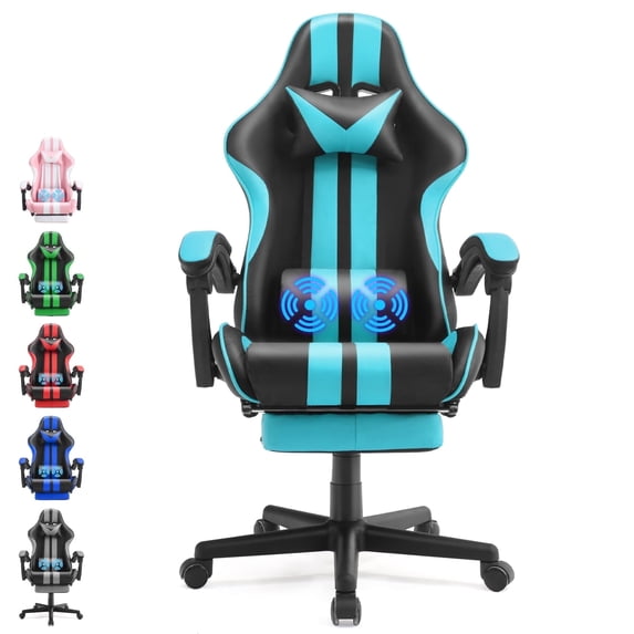 SOONTRANS Gaming Chair Office Chair with Footrest, Ergonomic Massage Chair with Lumbar Pillow, Headrest for Adults Teens, Blue