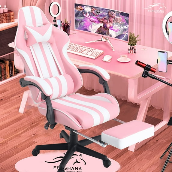 SOONTRANS Gaming Chair for Adults, High Back Gamer Game Chair with Footrest & Massage Lumbar Pillow, Ergonomic Swivel Computer Office Chairs, Pink