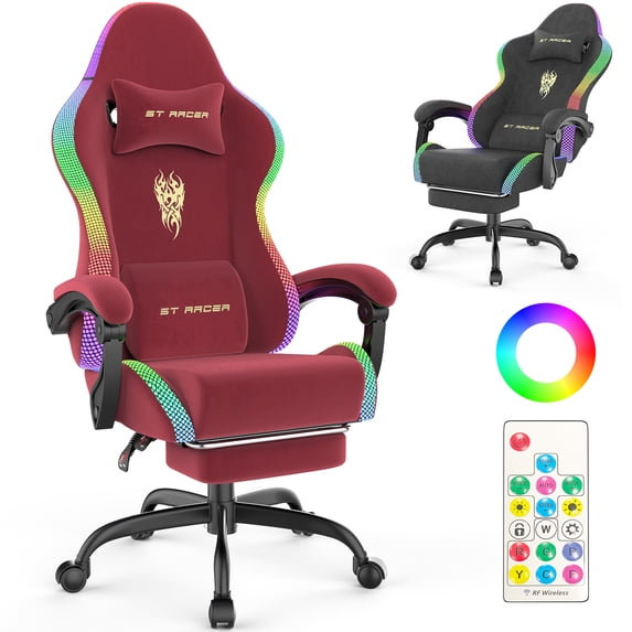 SOONTRANS Gaming Chair with Lights, RGB LED Ergonomic Computer Chair for Adults, High Back Gamer Chair with Footrest and Massage, Fabric Reclining Video Game Chair Swivel for Office Home Chair,Red