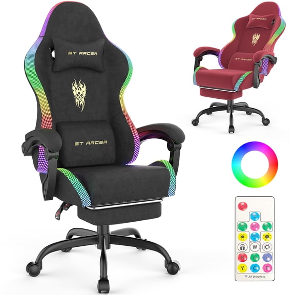 SOONTRANS Gaming Chair with Lights, RGB LED Ergonomic Computer Chair for Adults, High Back Gamer Chair with Footrest and Massage, Fabric Reclining Video Game Chair Swivel for Office Home Chair,Black