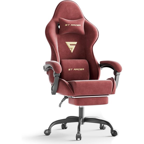 Ferghana Velvet Fabric Ergonomic Gaming Chair with Footrest and Massage, High Back Reclining Computer Gamer Chair for Adult, Racing Style PC Video Game Chair Suitable for Home Office (Red)