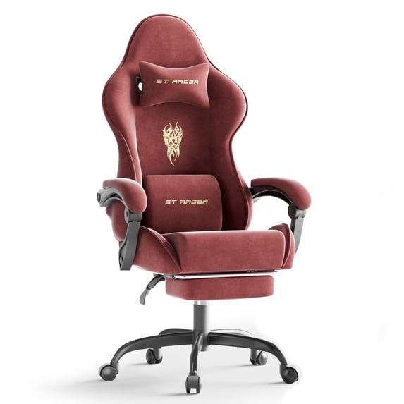 Lointain Velvet Fabric Gaming Chair with Footrest, Ergonomic Gamer Chair for Adult, Reclining Office Chair, High Back Compute Chair with Massage, Racing Video Game Chairs for Home Office (Red)