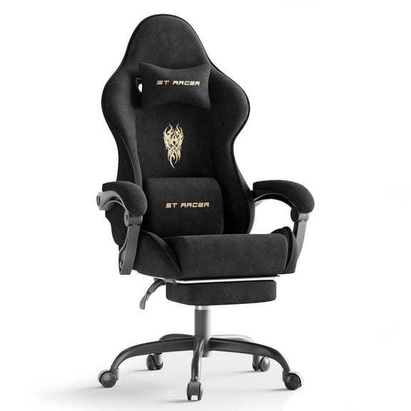 Lointain Velvet Fabric Gaming Chair with Footrest, Ergonomic Gamer Chair for Adult, Reclining Office Chair, High Back Compute Chair with Massage, Racing Video Game Chairs for Home Office (Black)